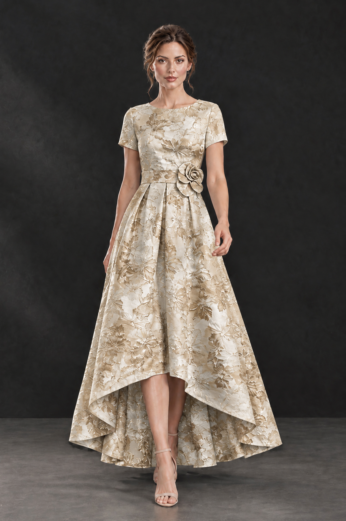 BOLODOO Gold Floral High Low Mother of the Bride Dress - Gold - Gold (4)