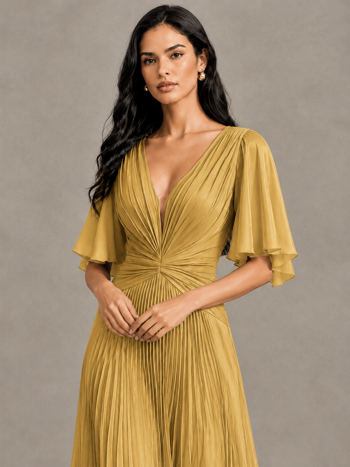BOLODOO Gold Pleated V-Neck Flutter Sleeve Bridesmaid Dress - Gold - Gold (4)