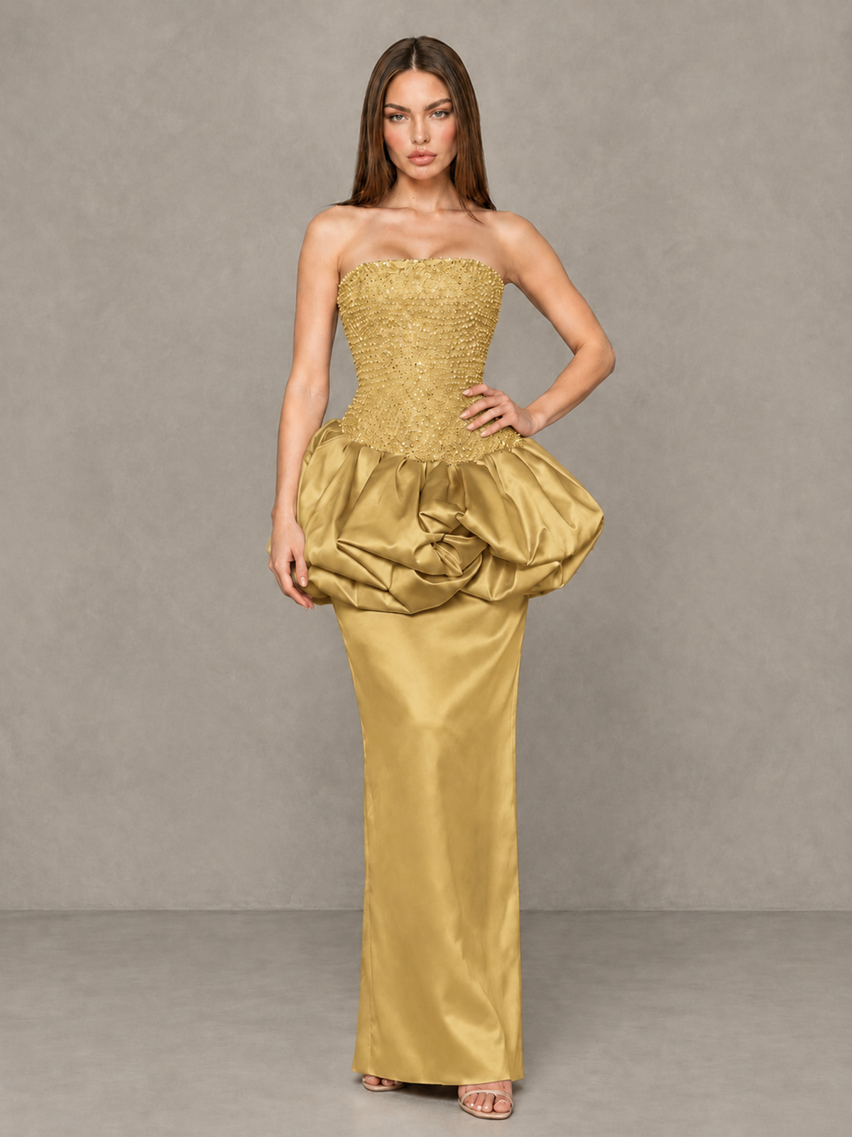 BOLODOO Gold Strapless Embellished Bubble Peplum Evening Dress - Gold - Gold (4)