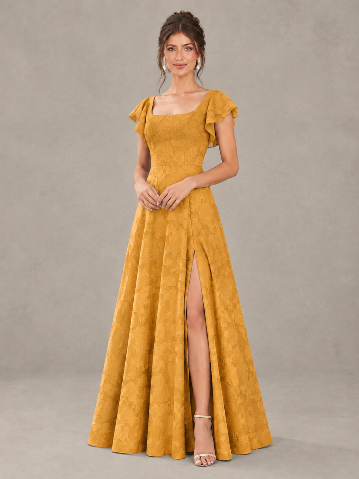 BOLODOO Gold Floral Flutter Sleeve Bridesmaid Dress with Slit - Gold - Gold (4)