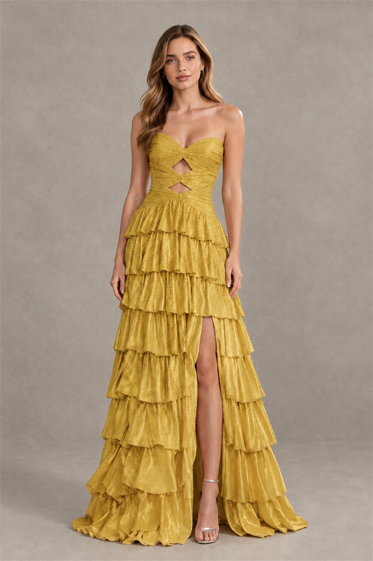 BOLODOO Gold Strapless Cutout Tiered Ruffle Prom Dress with High Slit - Gold - Gold (4)