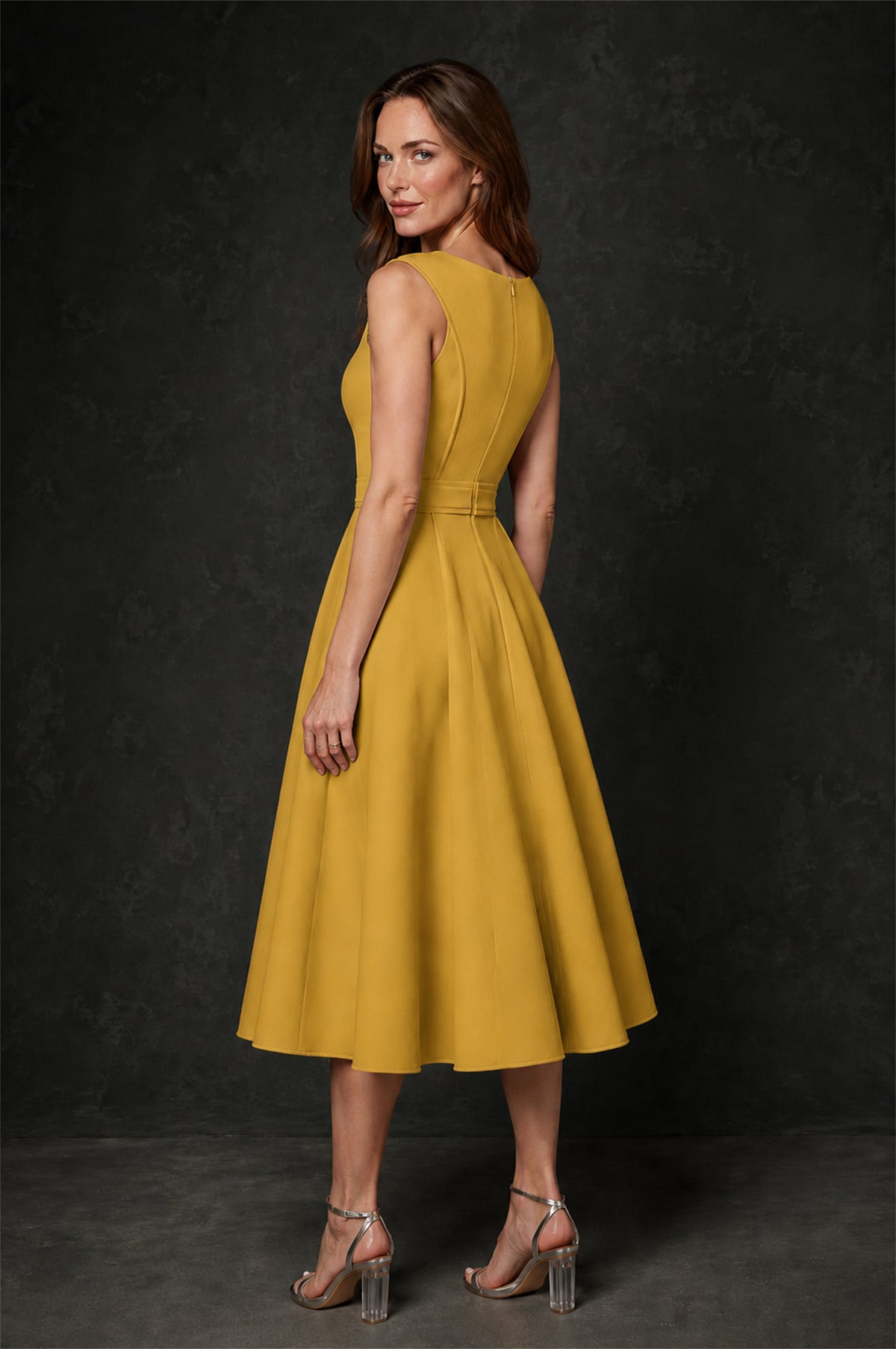 BOLODOO Gold 3D Rosette Appliqué 3/4 Sleeve Jacket & V-Notch Sleeveless A-Line Tea-Length Two-Piece Dress Set - Gold