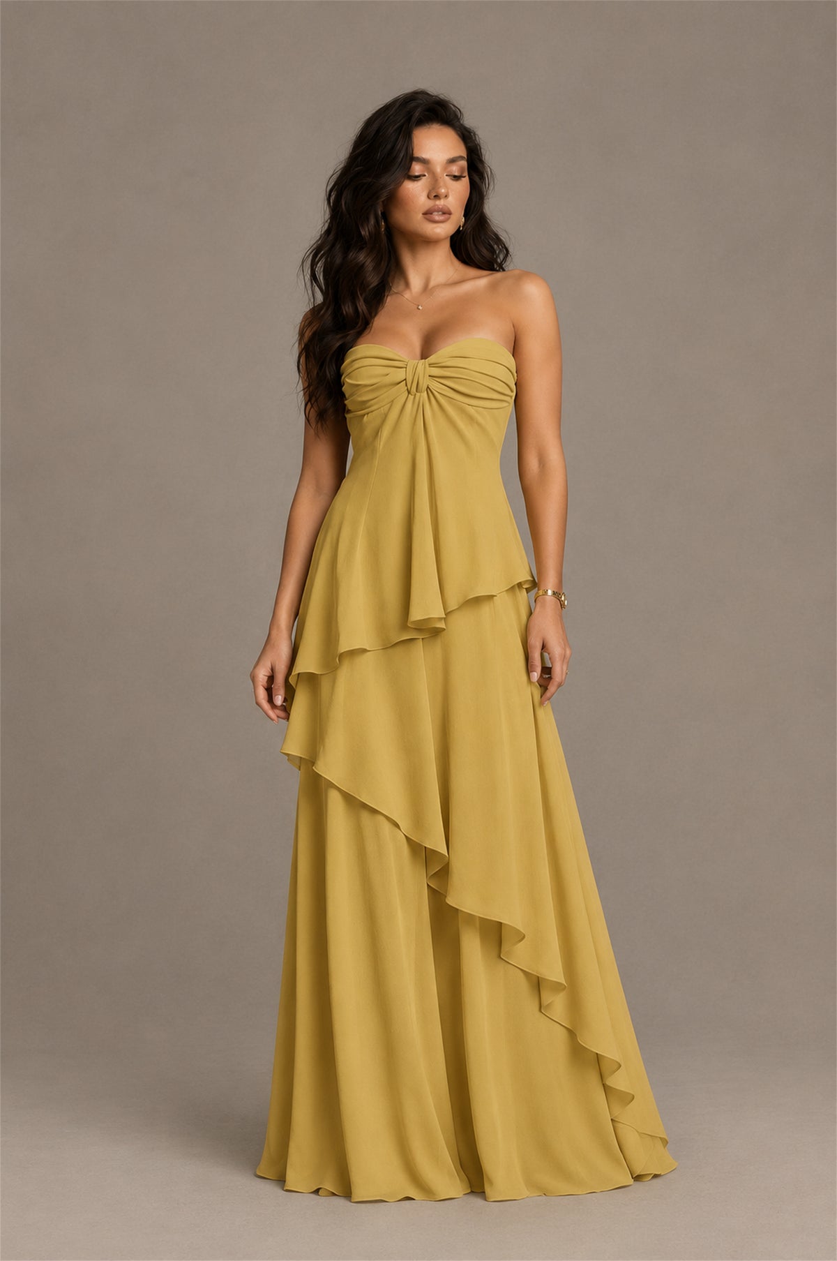 BOLODOO Gold Strapless Sweetheart Knotted Chiffon Tiered Maxi Dress with Lace-Up Back - Gold