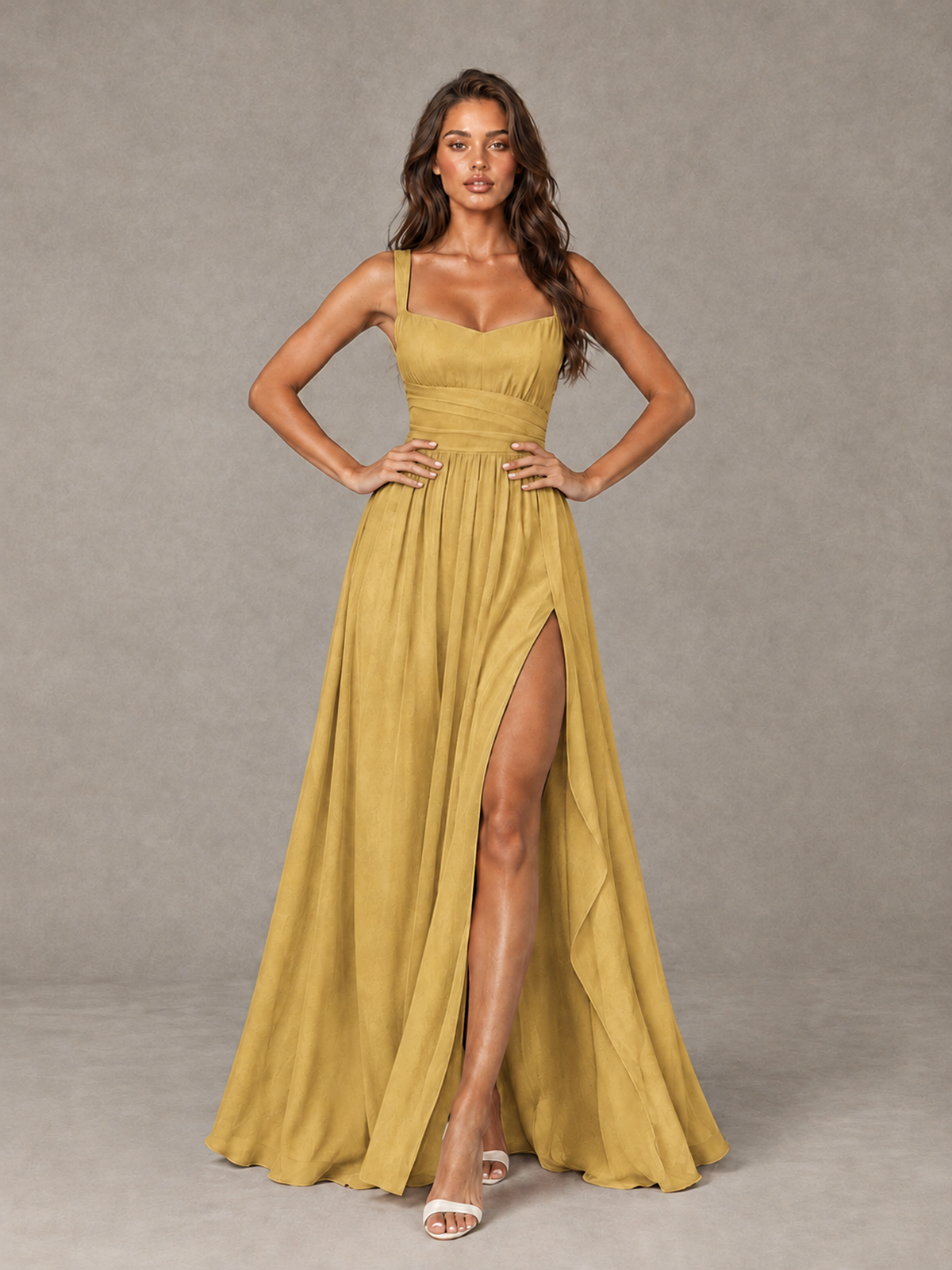 BOLODOO Gold A-Line Bridesmaid Dress with High Slit & Lace-Up Back - Gold - Gold (4)