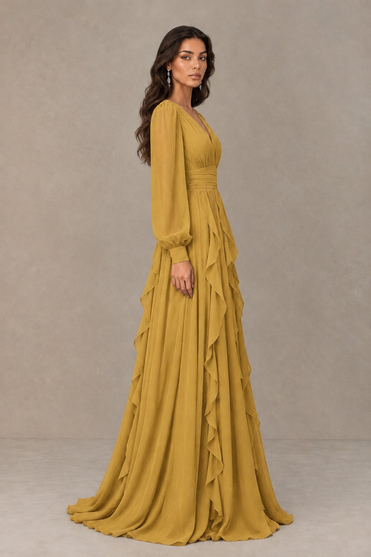 BOLODOO Gold Long Sleeve V-Neck Ruffle Maxi Dress - Gold - Gold (4)