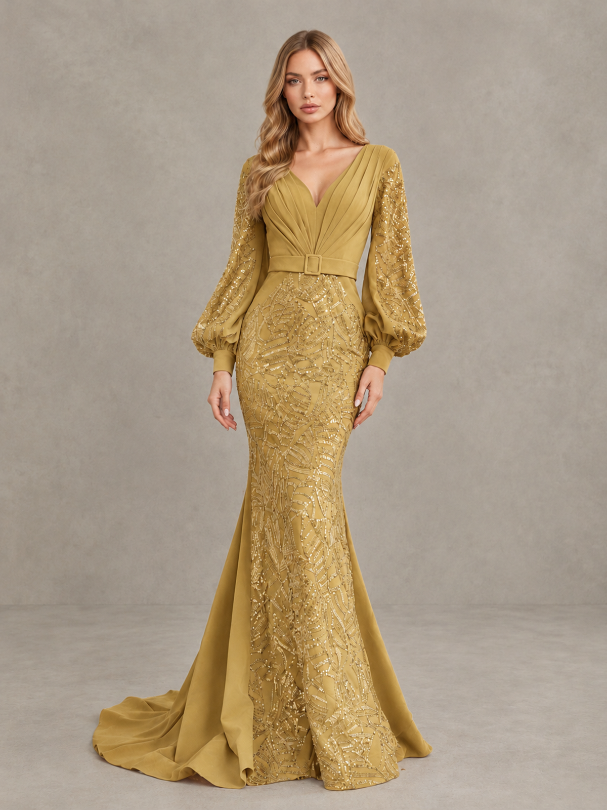 BOLODOO Gold Sequin Long Bishop Sleeve Mermaid Evening Dress - Gold - Gold (4)