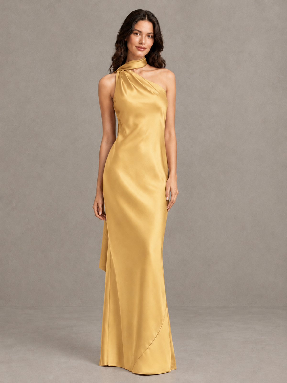 BOLODOO Gold Satin One-Shoulder Bridesmaid Dress with Open Back - Gold - Gold (4)