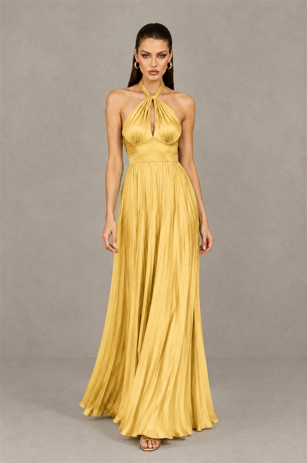 BOLODOO Gold Halter Pleated A-Line Evening Dress - Gold