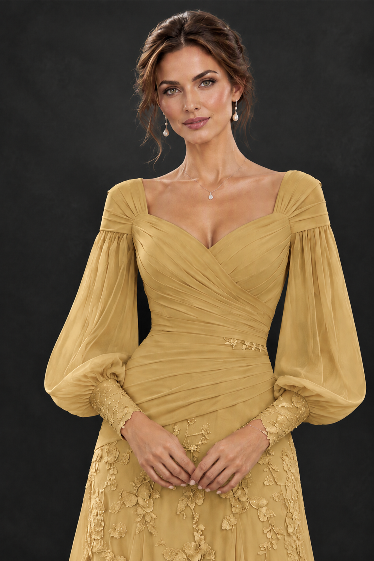 BOLODOO Gold Long Sleeve Mother of the Bride Dress with Floral Appliqués - Gold - Gold (5)