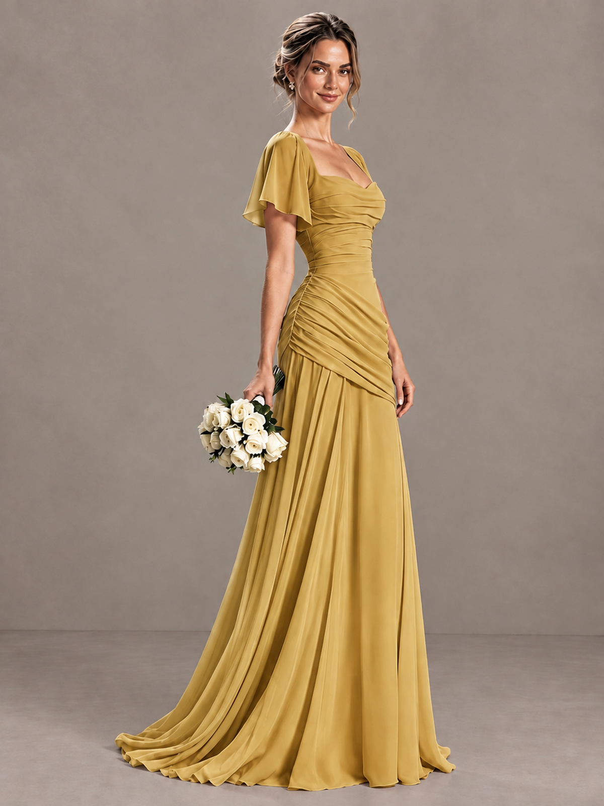 BOLODOO Gold Flutter Sleeve Lace-Up Back Maxi Dress - Gold - Gold (5)
