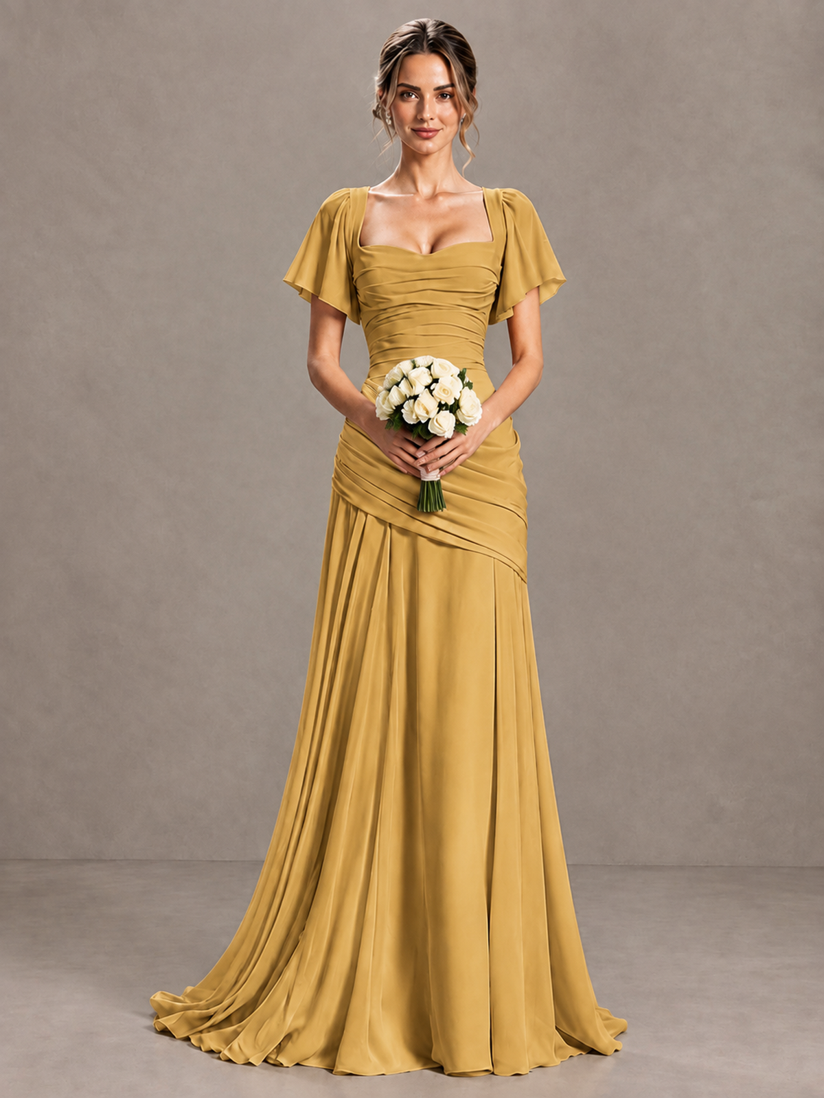 BOLODOO Gold Flutter Sleeve Lace-Up Back Maxi Dress - Gold - Gold (6)