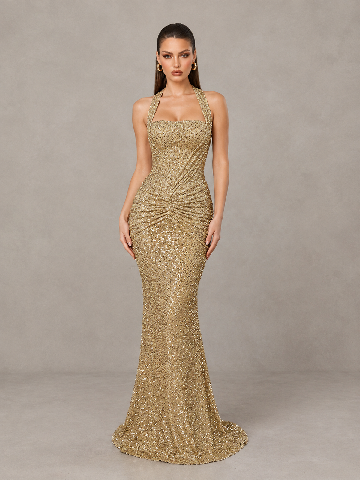 BOLODOO XCD005 gold sequin halter mermaid evening gown, full-length front view with ruched waist