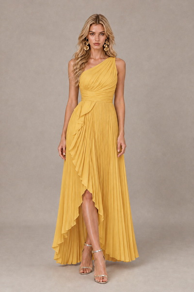 BOLODOO Gold One-Shoulder High-Low Ruffle Maxi Dress 