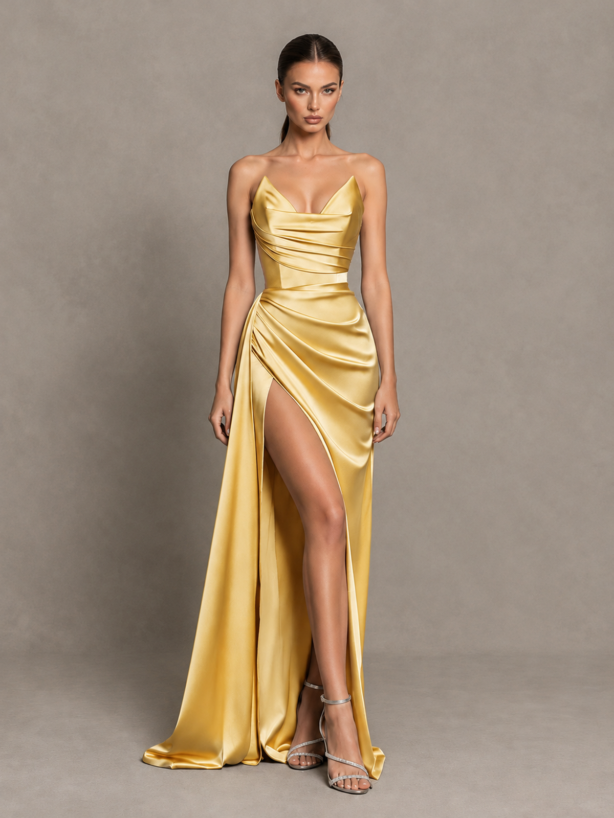 BOLODOO Gold Strapless Satin High-Slit Lace-Up Prom Dress 