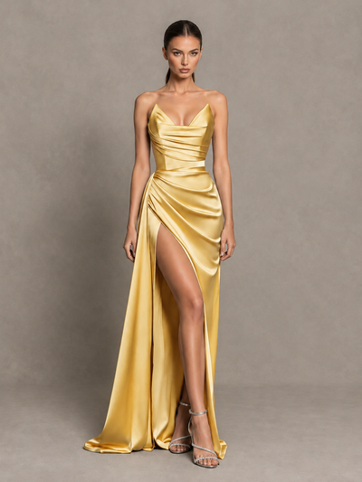 BOLODOO Gold Strapless Satin High-Slit Lace-Up Prom Dress 
