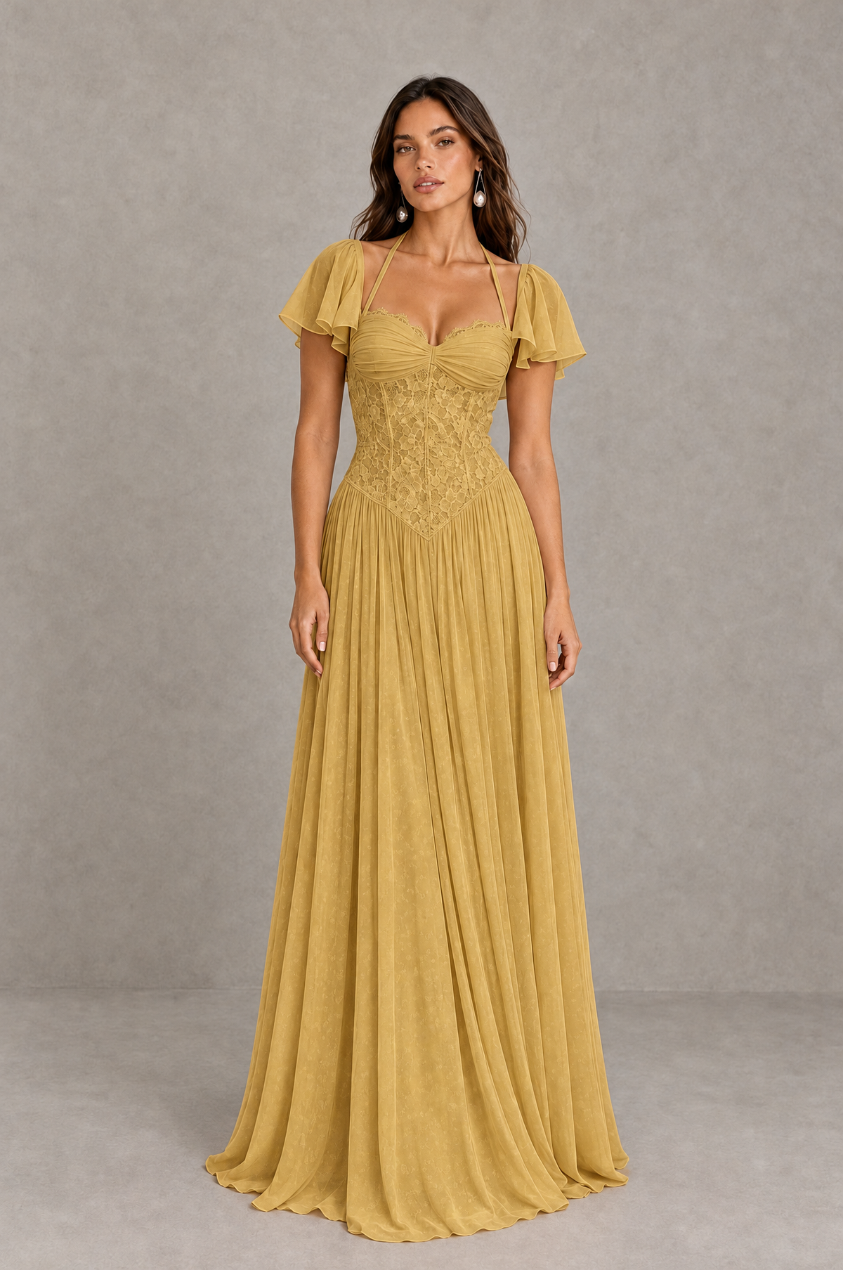 BOLODOO Gold Flutter Sleeve Lace Corset A-Line Maxi Dress 