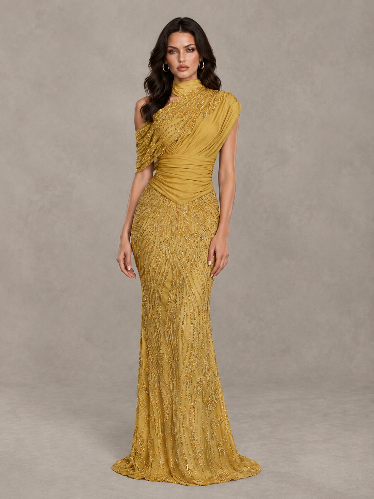 BOLODOO XCD060 gold high neck sequin evening gown, front view with asymmetric drape and ruched waist