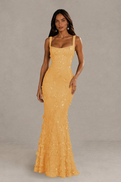 BOLODOO Gold Sequin 3D Floral Mermaid Maxi Gown – Lace-Up Back Formal Dress 