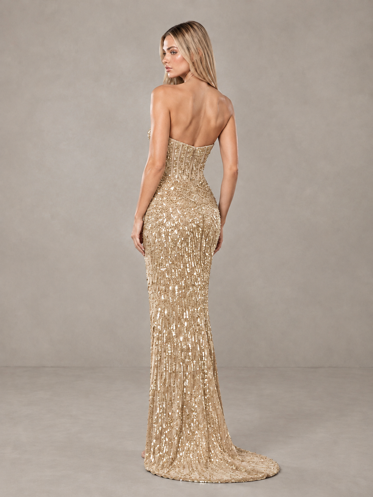 BOLODOO Gold Strapless Sequin Corset Prom Dress with High Slit 