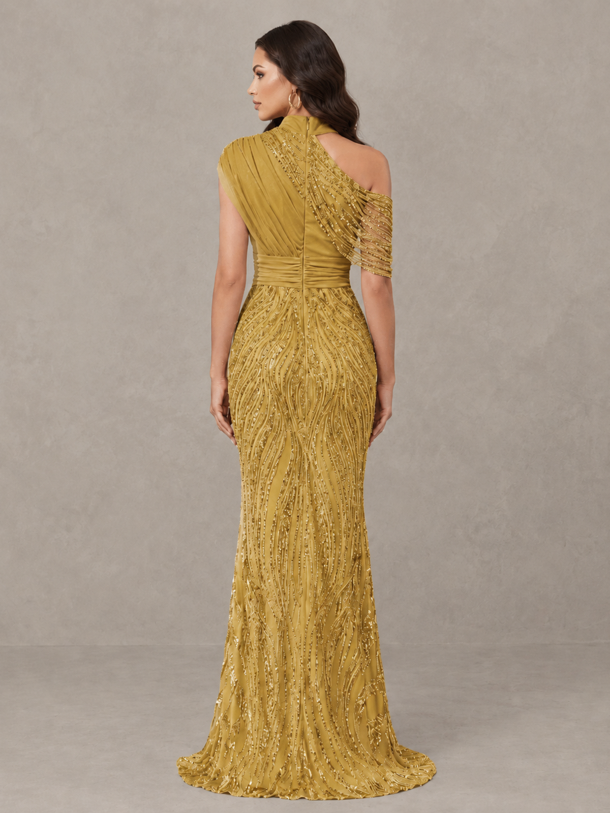 BOLODOO XCD060 gold sequin gown, back view showing asymmetric partial open back and center closure