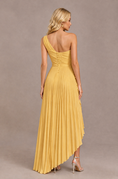 BOLODOO Gold One-Shoulder High-Low Ruffle Maxi Dress 
