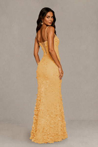 BOLODOO Gold Sequin 3D Floral Mermaid Maxi Gown – Lace-Up Back Formal Dress 