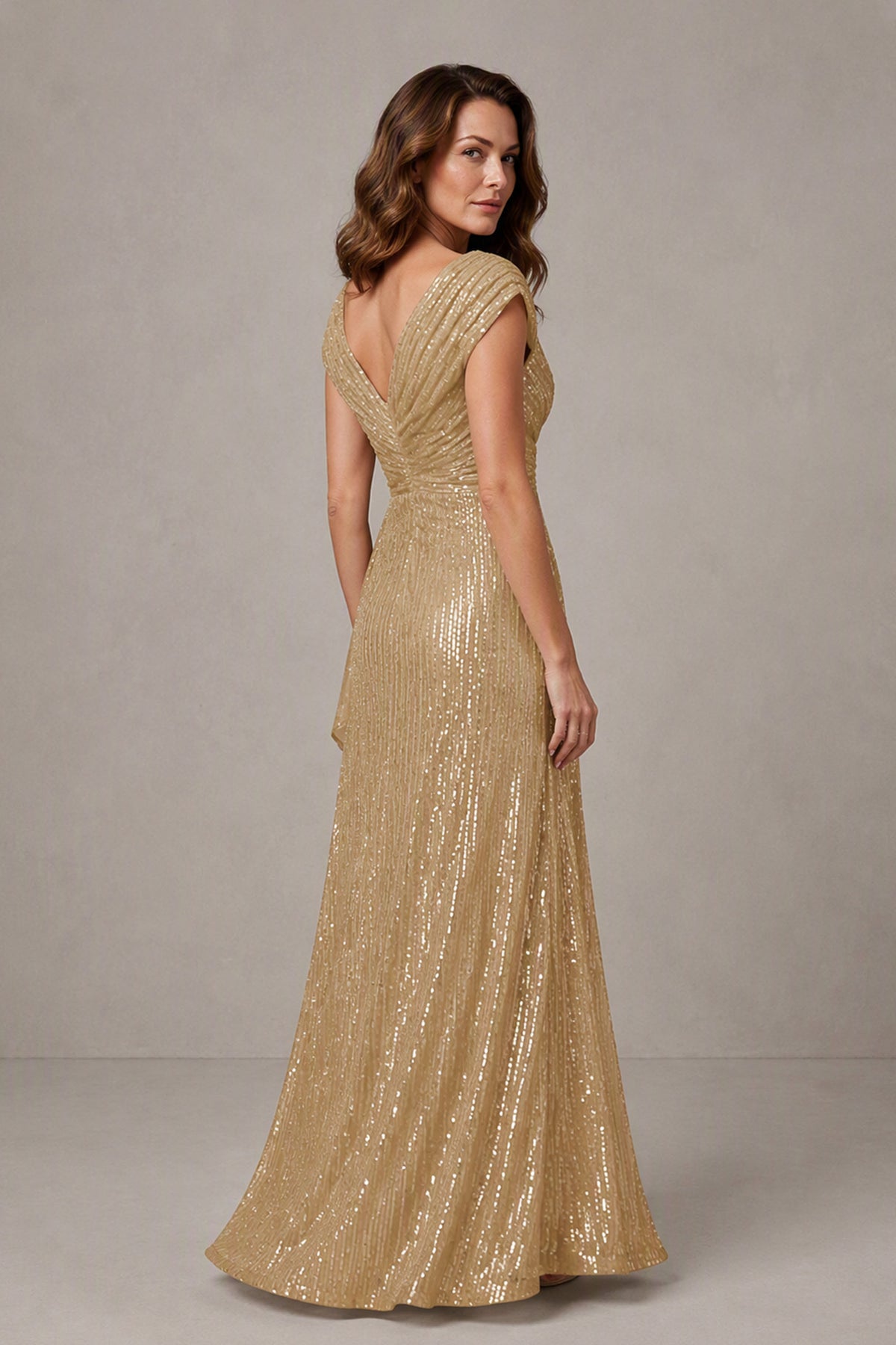 BOLODOO gold sequin maxi dress back view showing elegant V-back and floor-length silhouette