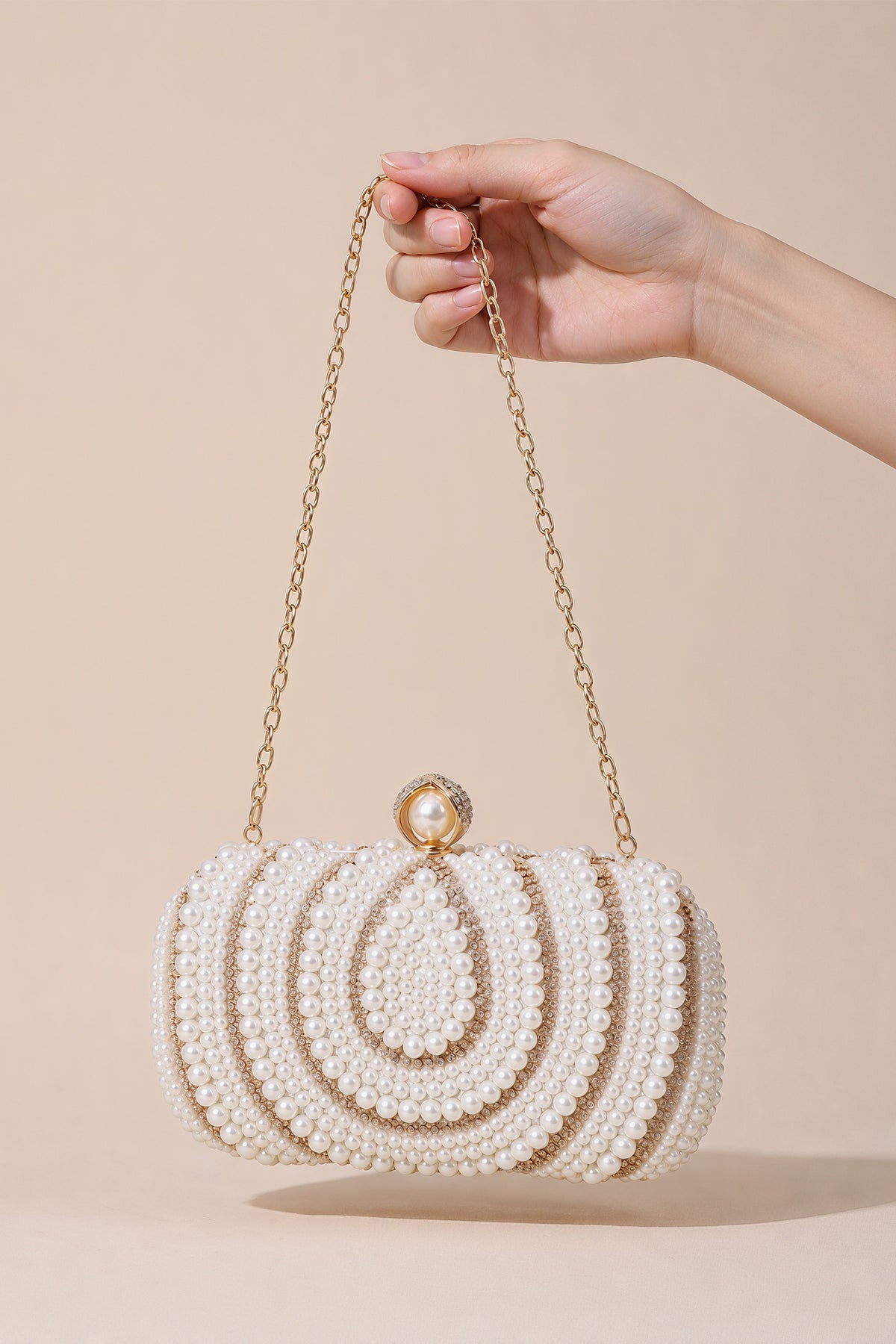 BOLODOO Pearl Beaded Clutch Bag with Gold-Tone Chain 