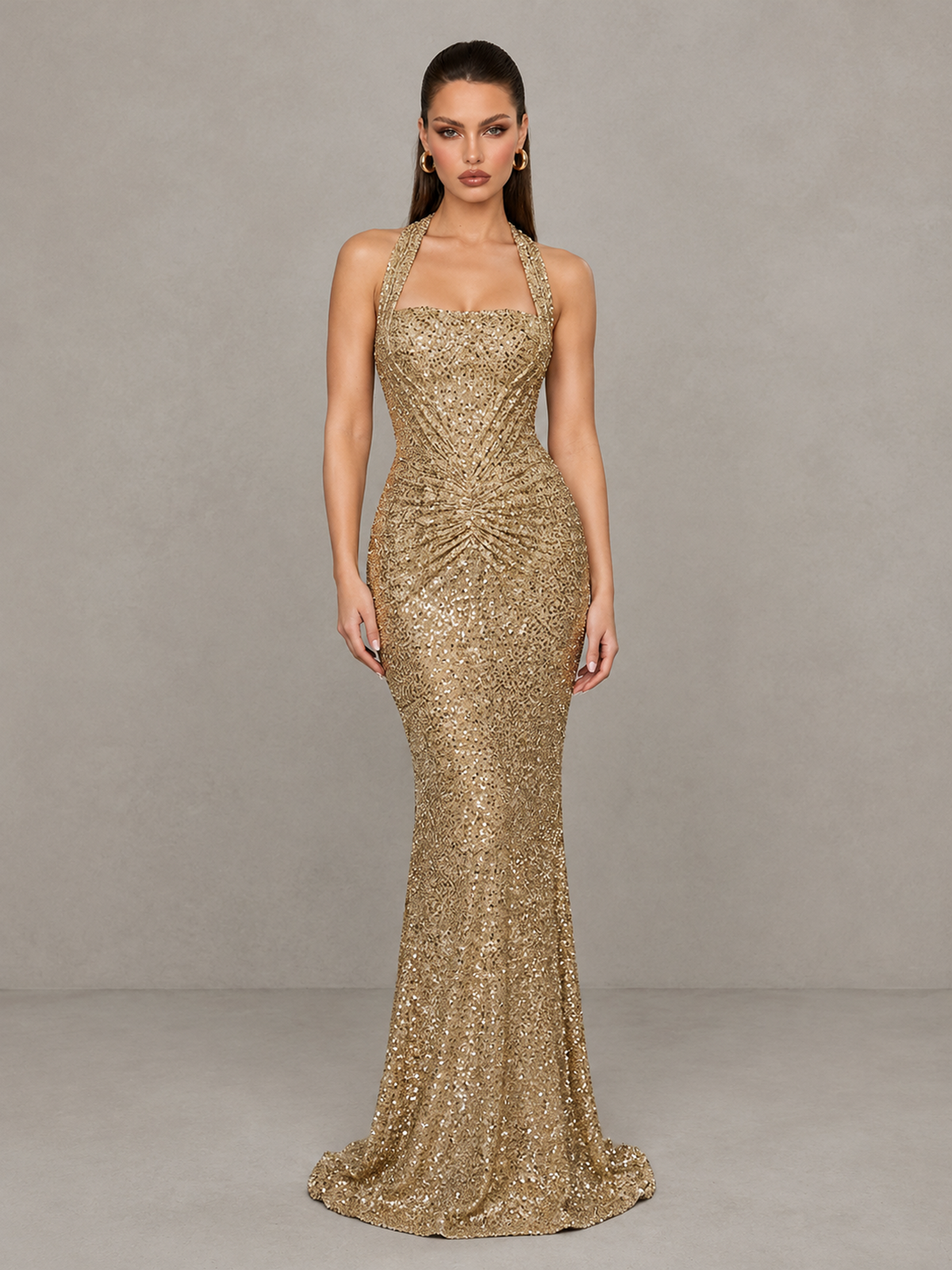 BOLODOO gold sleeveless mermaid formal dress, straight-on front view showing floor-length skirt