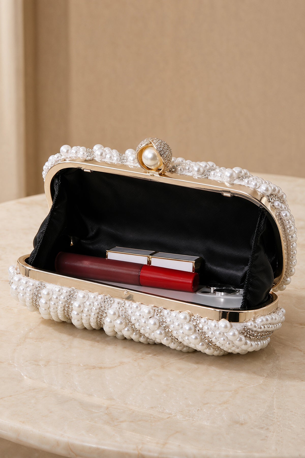 BOLODOO Pearl Beaded Clutch Bag with Gold-Tone Chain 