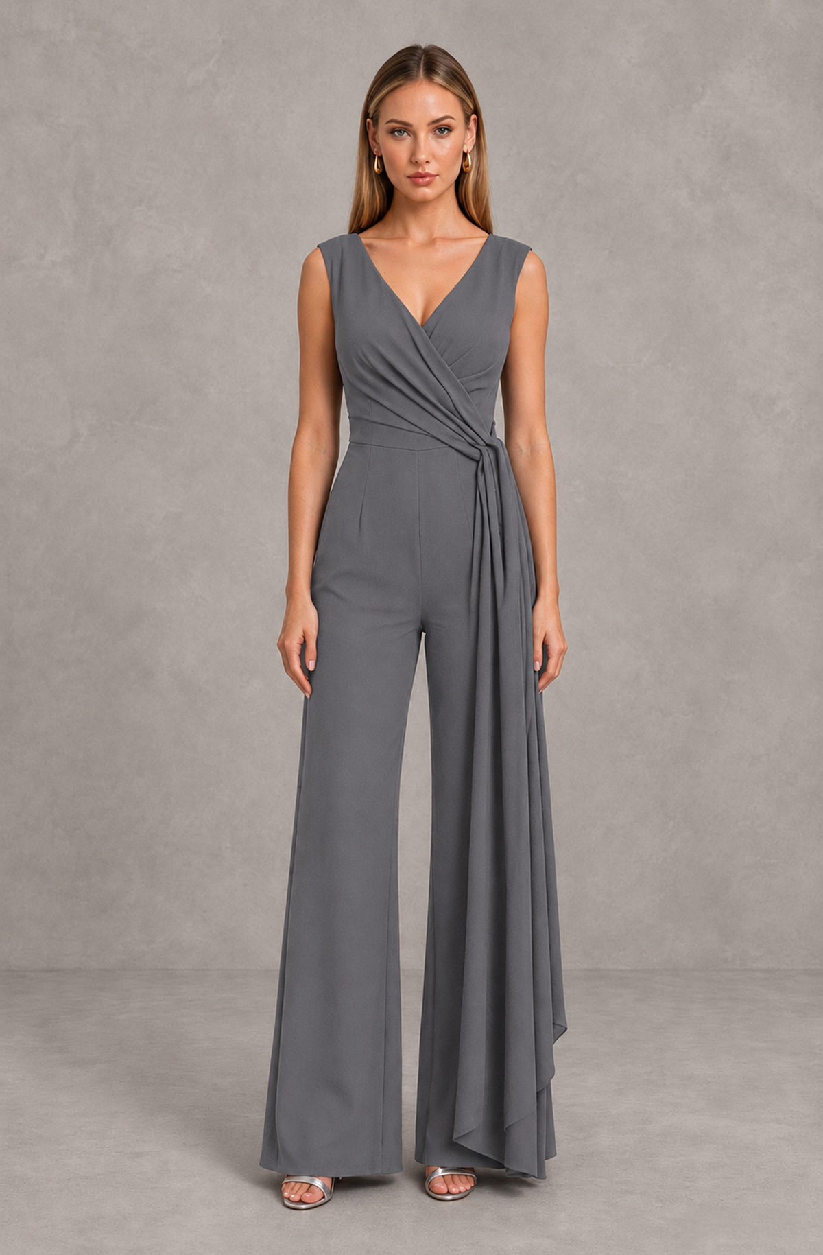 BOLODOO Gray Sleeveless V-Neck Wide-Leg Jumpsuit with Side Drape - Gray - Gray_01