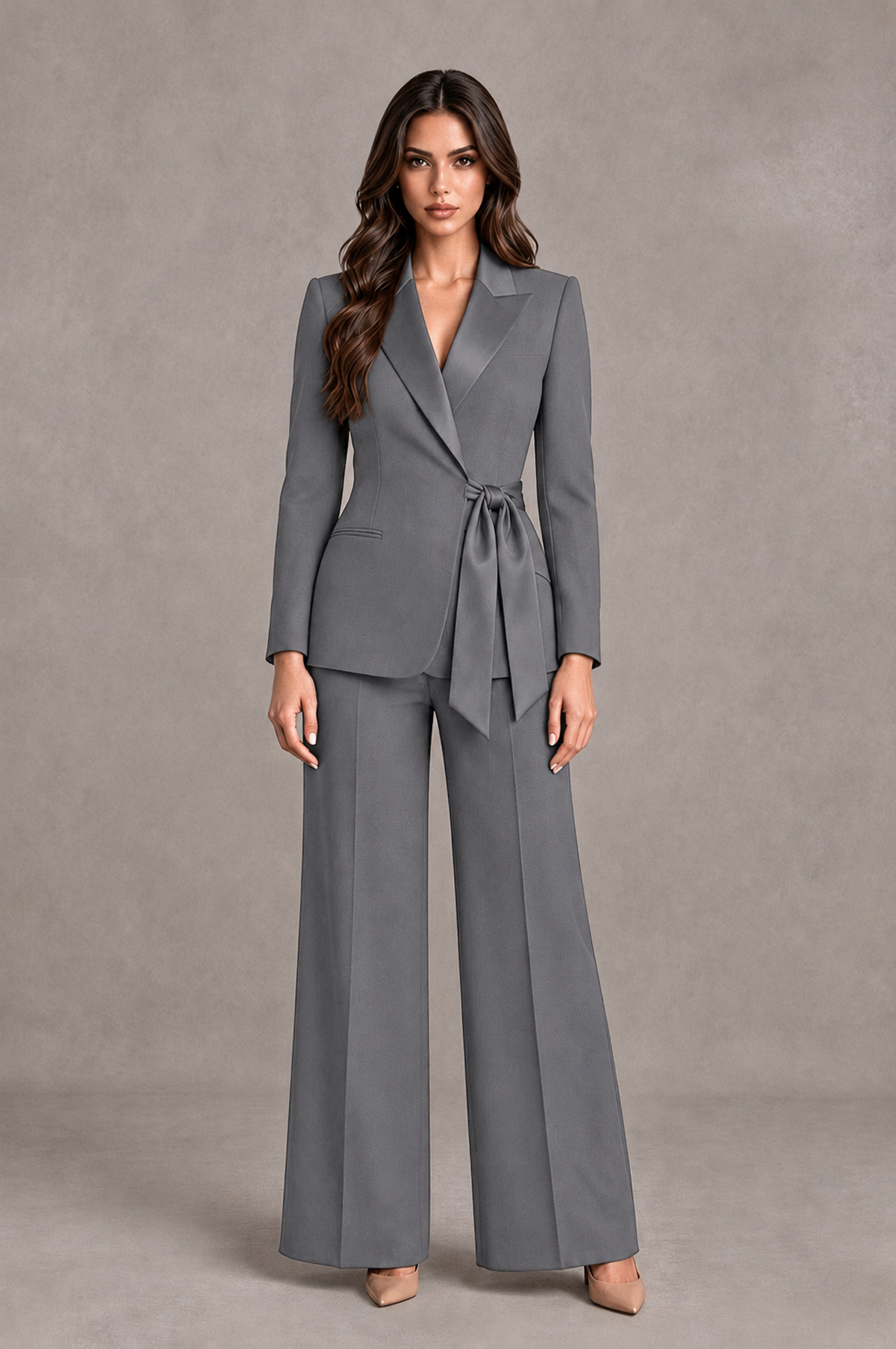 BOLODOO Gray Tie-Waist Blazer & Wide-Leg Pantsuit - Gray - Gray_01