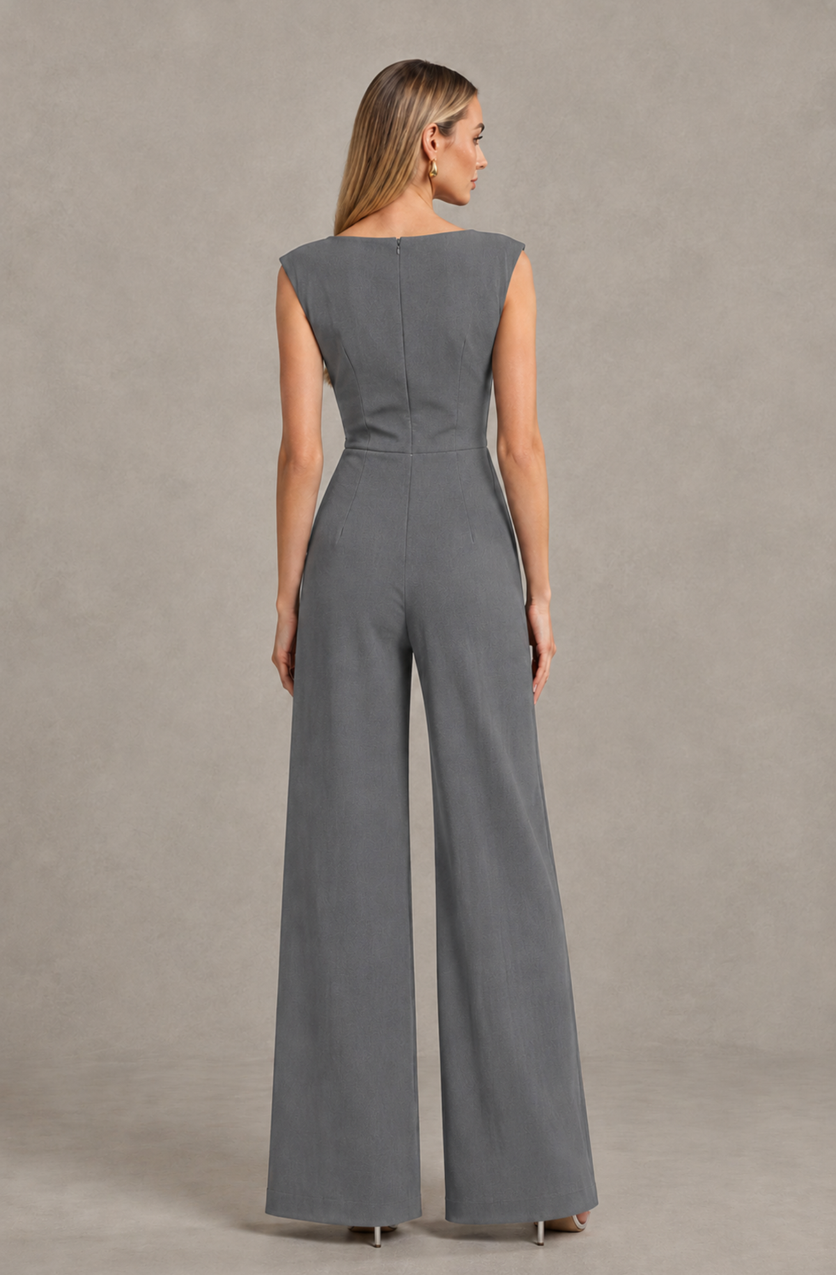 BOLODOO Gray Sleeveless V-Neck Wide-Leg Jumpsuit with Side Drape - Gray - Gray_02