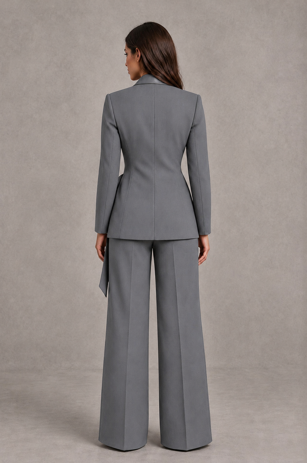 BOLODOO Gray Tie-Waist Blazer & Wide-Leg Pantsuit - Gray - Gray_02