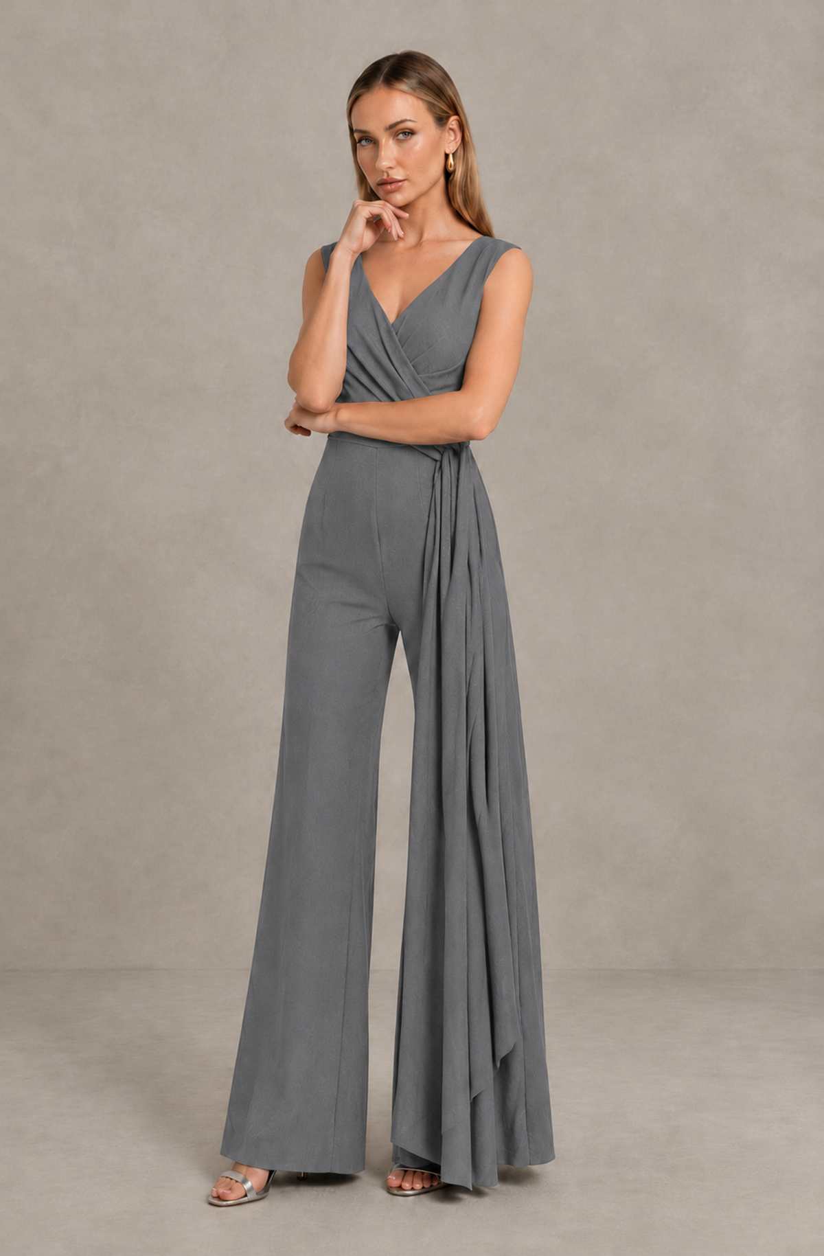 BOLODOO Gray Sleeveless V-Neck Wide-Leg Jumpsuit with Side Drape - Gray - Gray_03