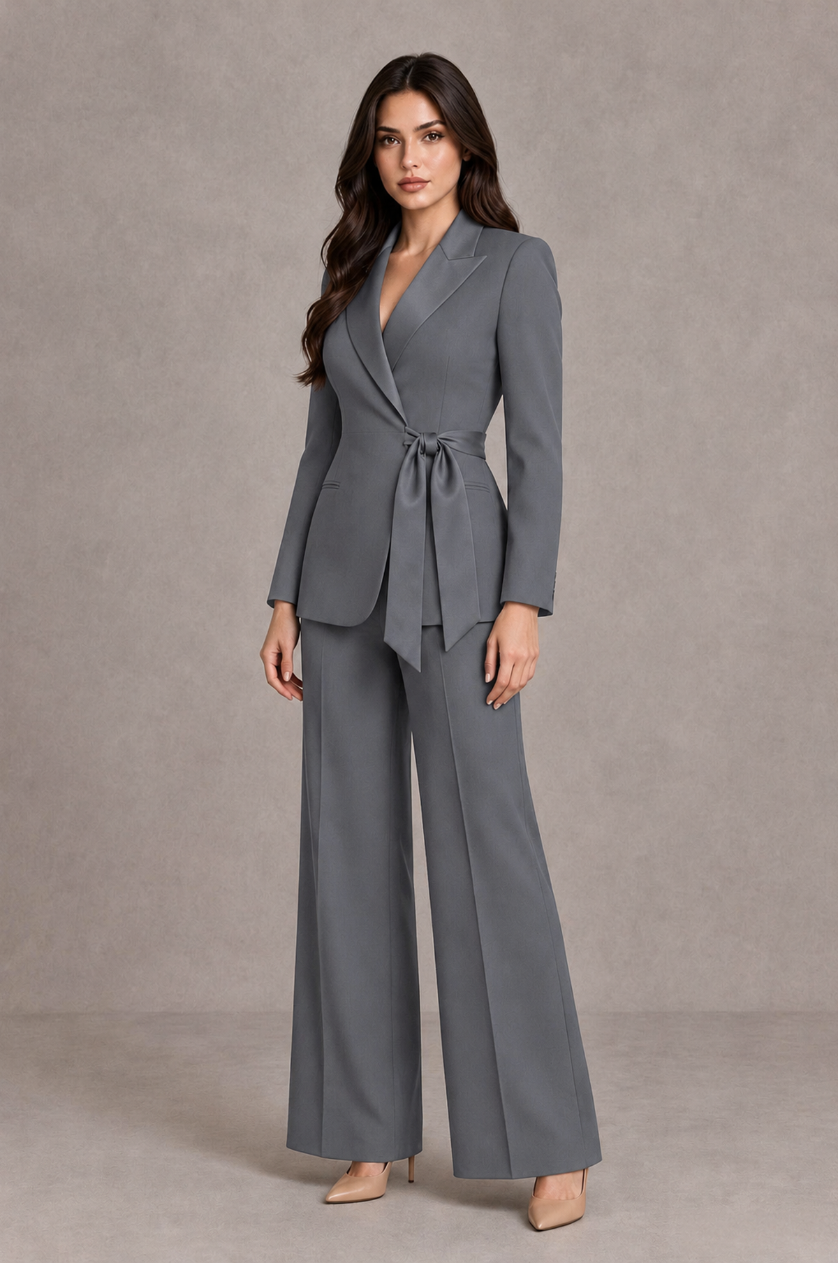 BOLODOO Gray Tie-Waist Blazer & Wide-Leg Pantsuit - Gray - Gray_03