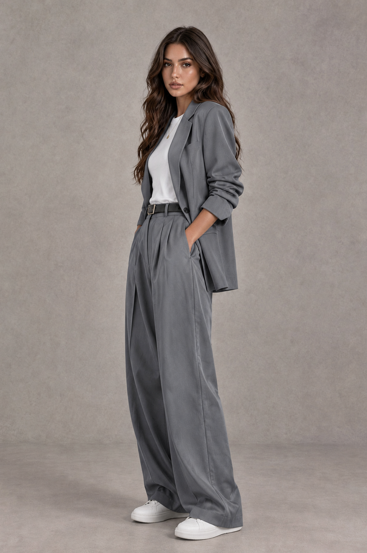 BOLODOO Gray Brown Blazer & Wide-Leg Pants Suit for Women - Gray - Gray_03