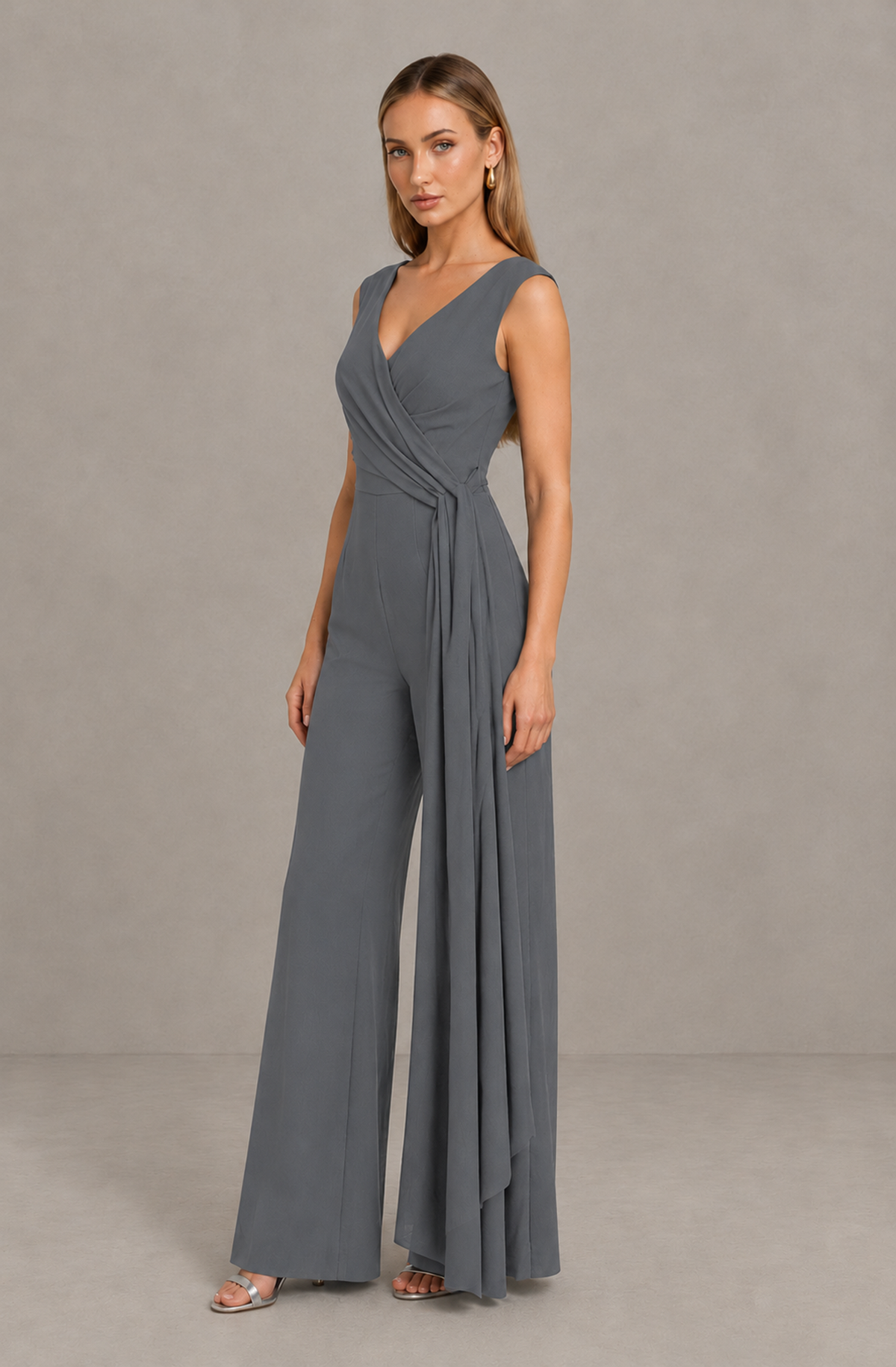 BOLODOO Gray Sleeveless V-Neck Wide-Leg Jumpsuit with Side Drape - Gray - Gray_04