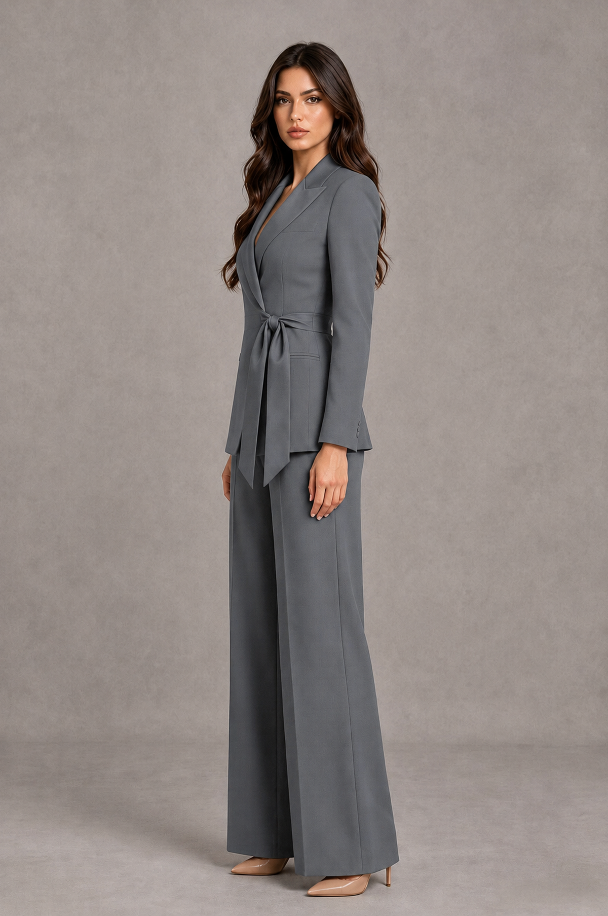 BOLODOO Gray Tie-Waist Blazer & Wide-Leg Pantsuit - Gray - Gray_04