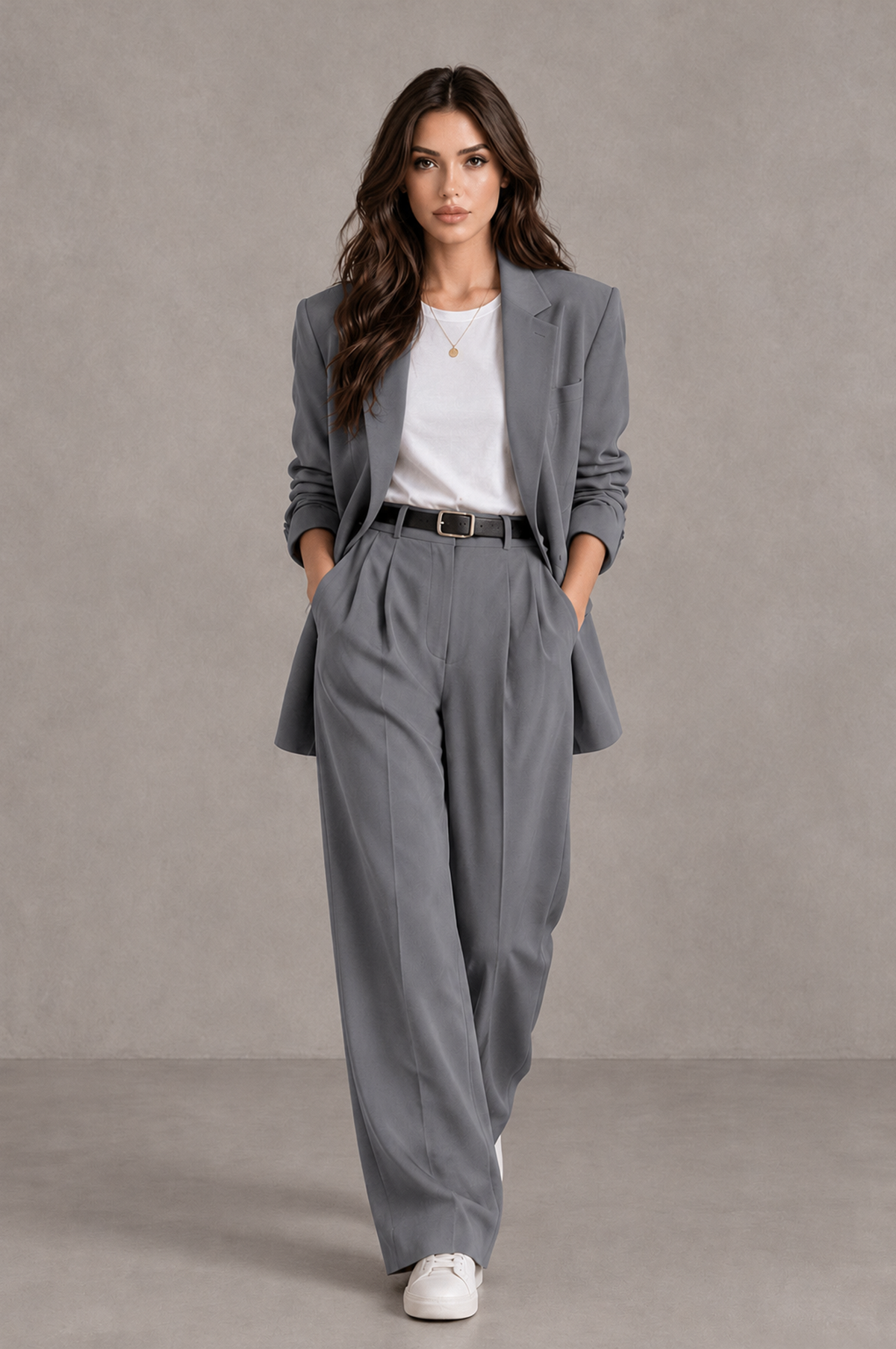 BOLODOO Gray Brown Blazer & Wide-Leg Pants Suit for Women - Gray - Gray_04