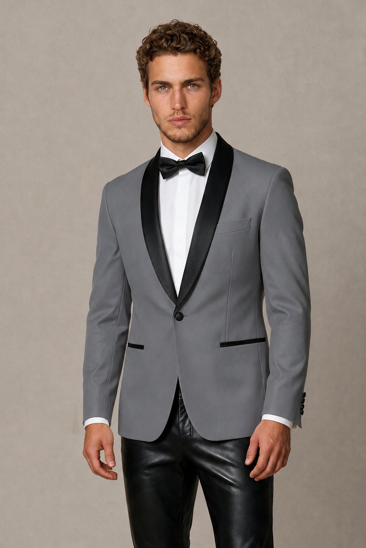 BOLODOO Men's Gray Tuxedo Blazer | Black Shawl Lapel Single-Breasted Formal Jacket - Gray