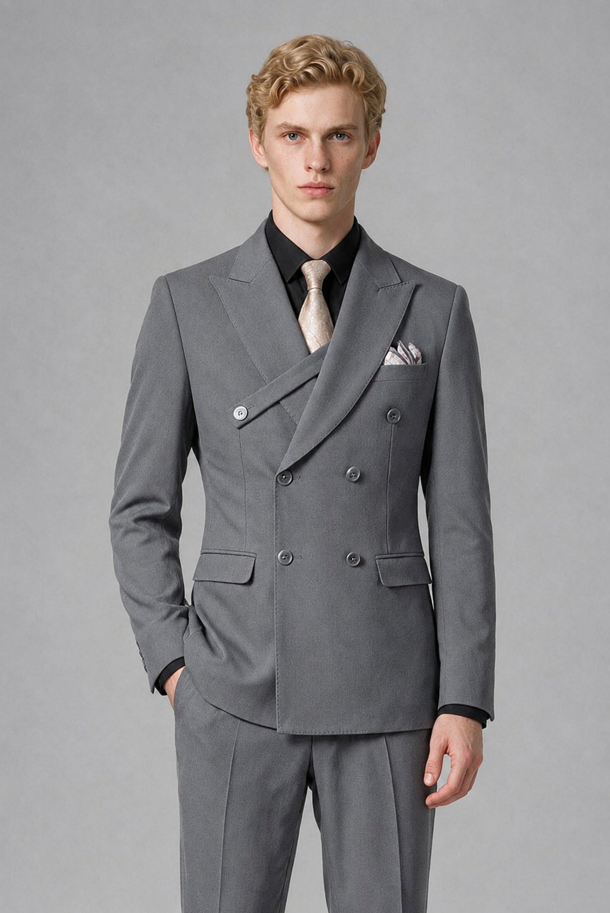 BOLODOO Men's Gray Double-Breasted Two-Piece Suit – Jacket & Trousers - Gray