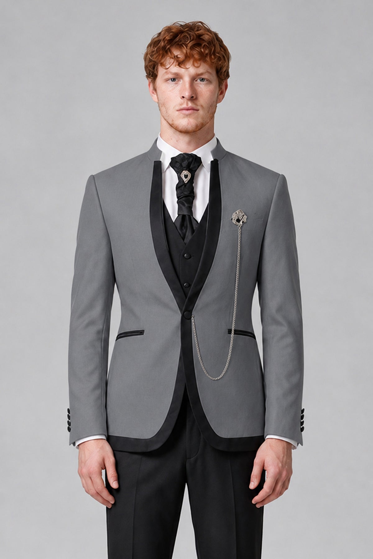 Bolodoo Men's Gray 3-Piece Shawl Lapel Tuxedo Suit with Vest - Gray - Gray_1