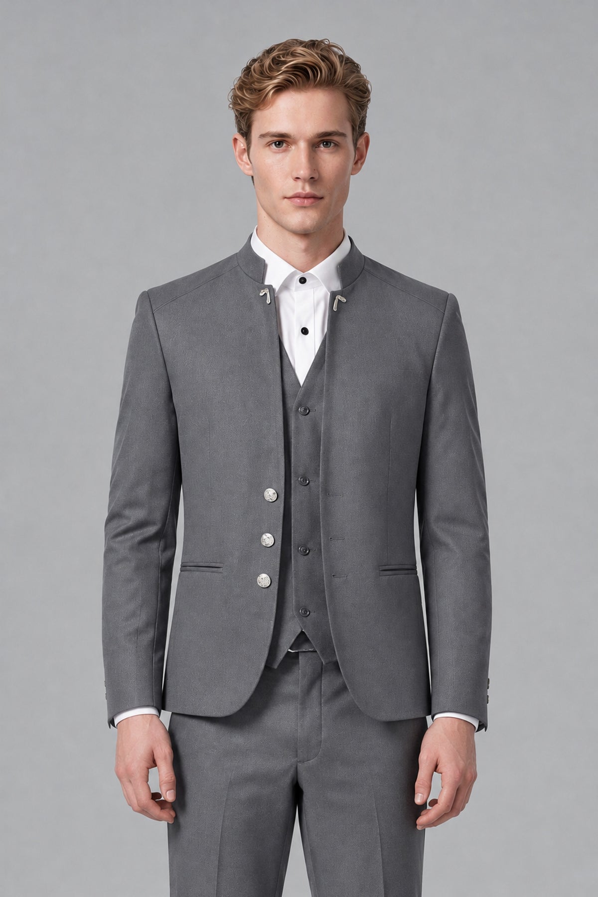 Bolodoo Men's Gray Mandarin Collar 3-Piece Suit – Jacket, Vest & Trousers - Gray - Gray_1