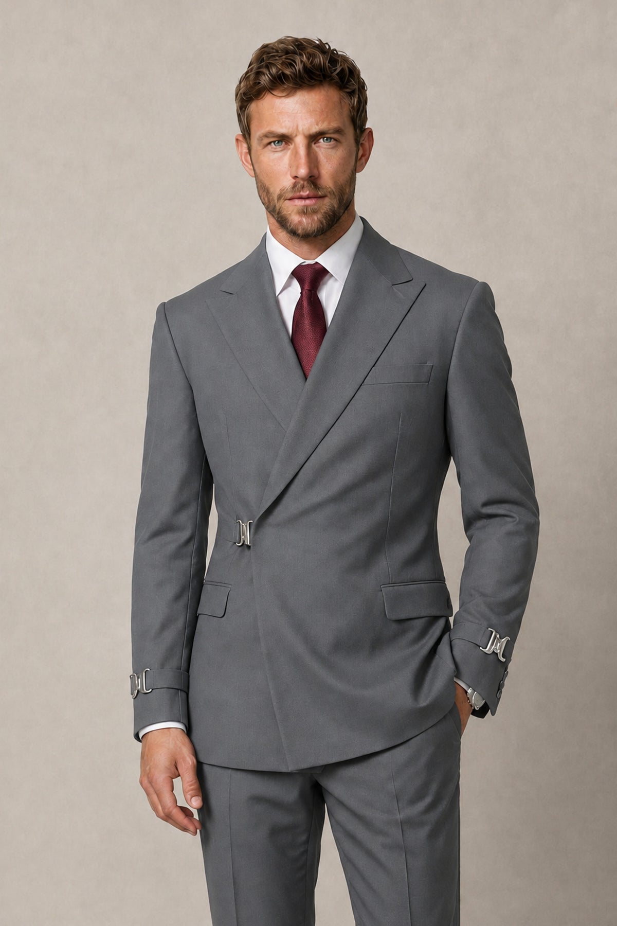 BOLODOO Men's Gray Double-Breasted 2-Piece Suit Set – Blazer & Tailored Trousers - Gray