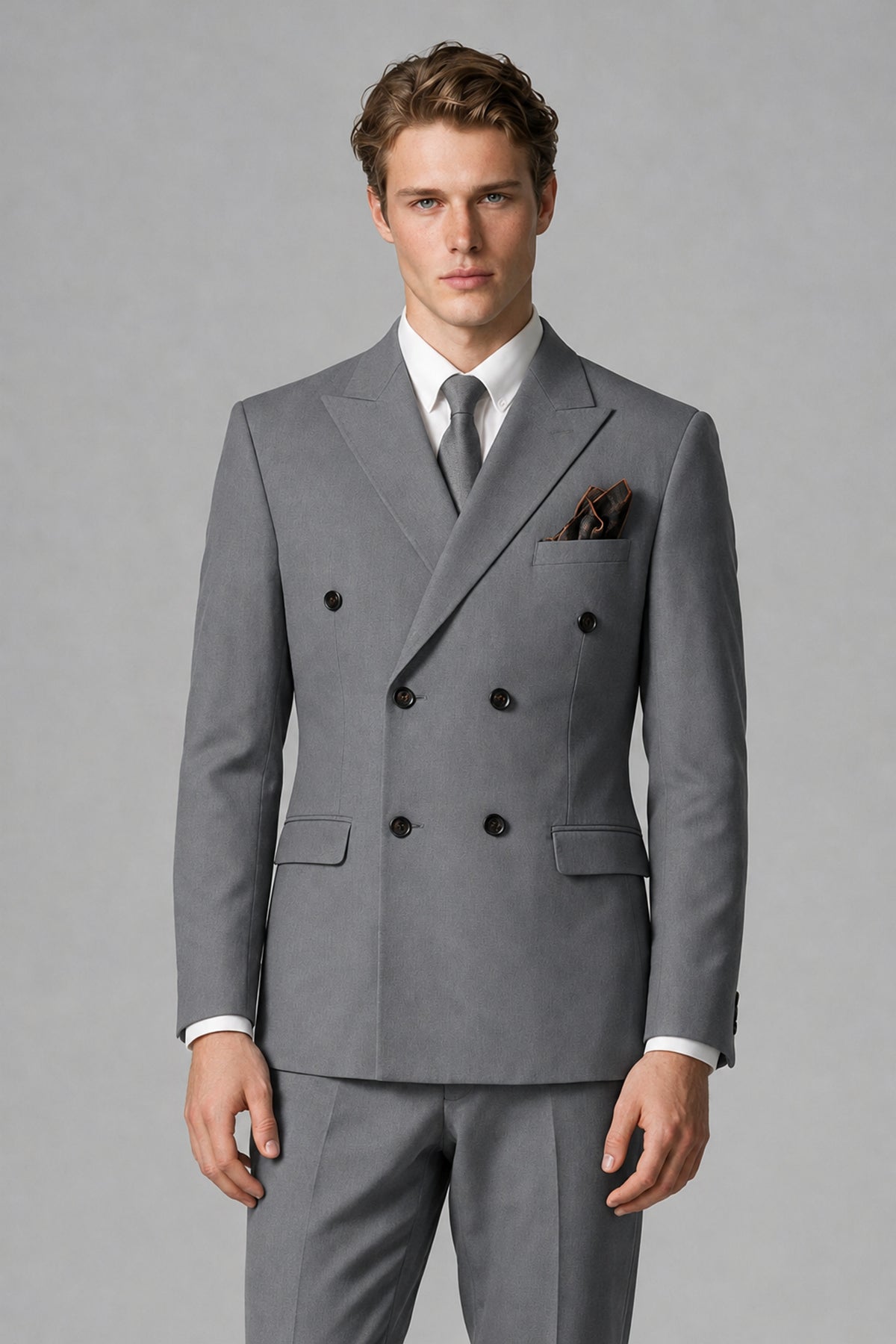 Bolodoo Men's Gray Double-Breasted Two-Piece Suit with Peak Lapels - Gray - Gray_1