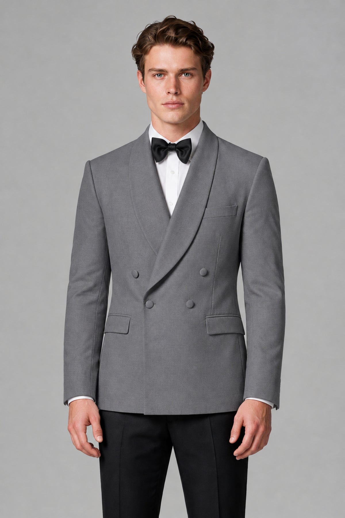 BOLODOO Men's Gray Double-Breasted Tuxedo Blazer – Shawl Lapel Formal Suit Jacket - Gray - Gray_1
