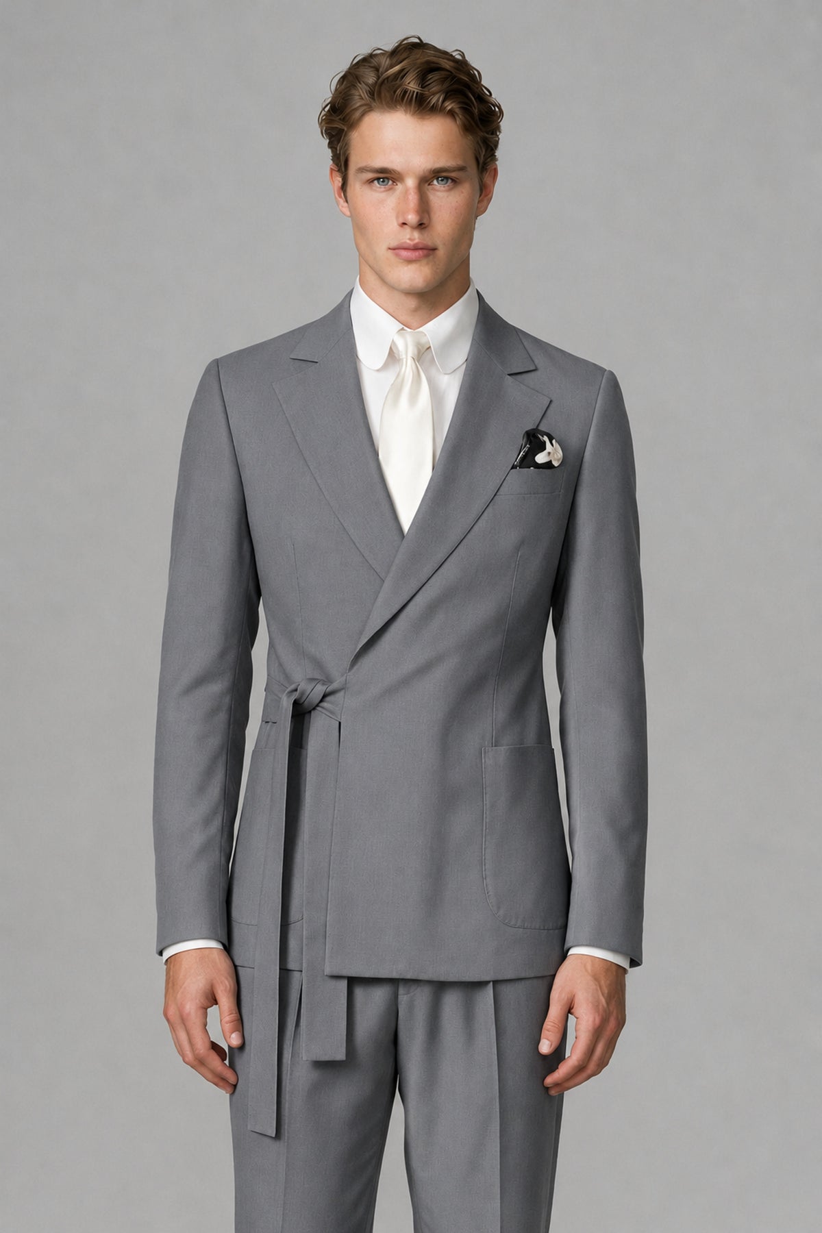 Bolodoo Men's Gray Wrap Tie-Waist Two-Piece Suit – Jacket & Trousers - Gray - Gray_1
