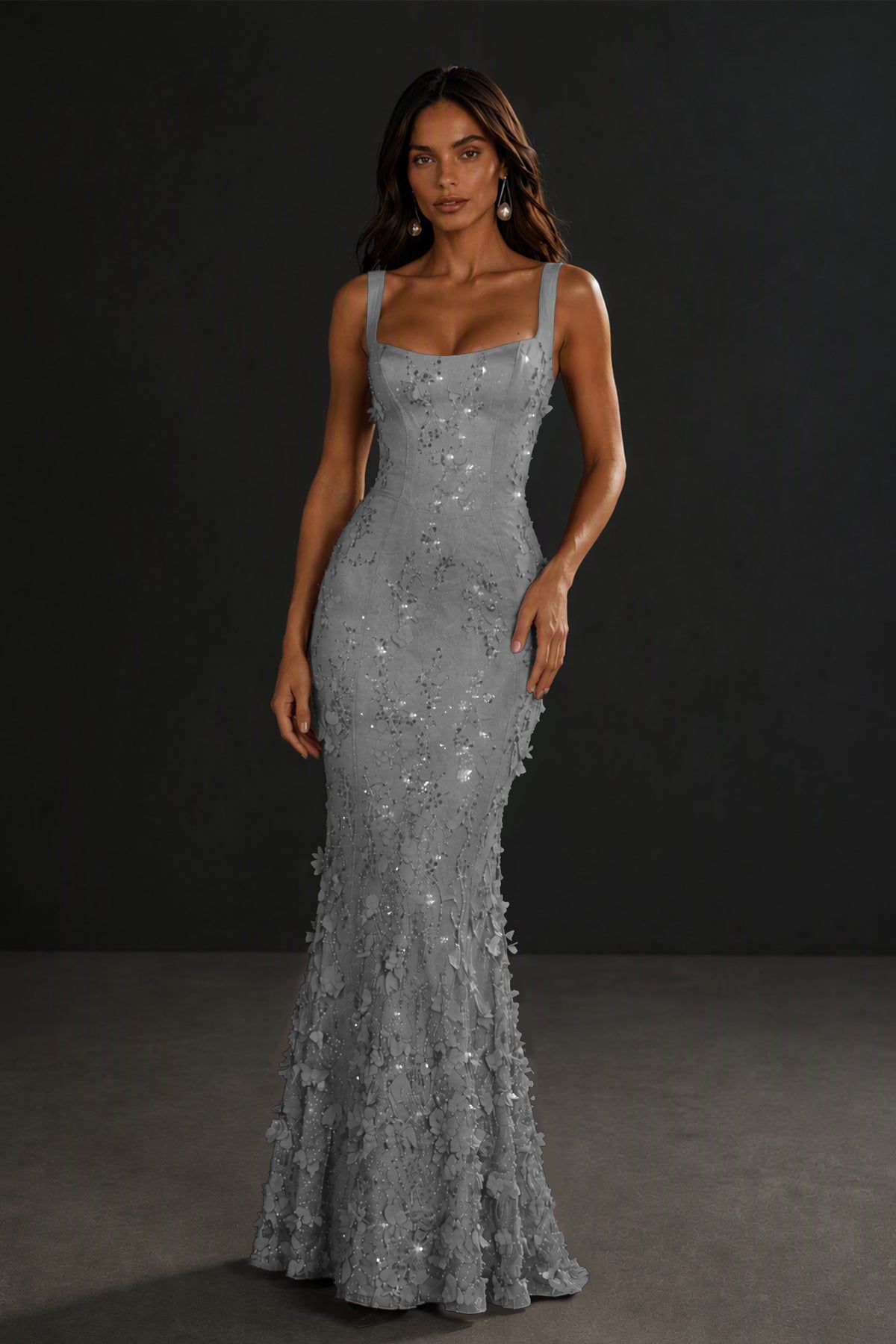 BOLODOO Gray Sequin 3D Floral Mermaid Maxi Gown – Lace-Up Back Formal Dress - Gray