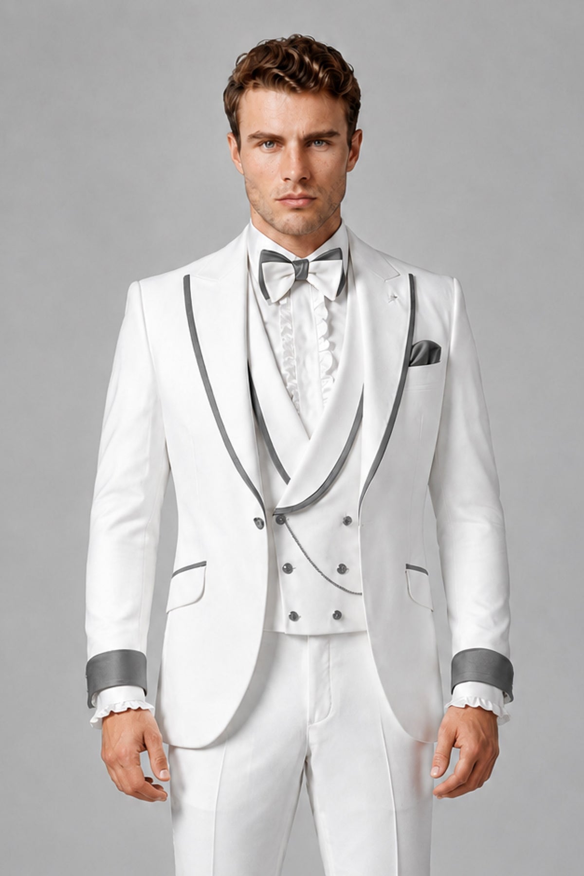 Bolodoo Men's White and Gray Three-Piece Wedding Tuxedo Suit - Gray - Gray_1